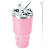 BJPKPK 887 ml thermosbeker met deksel en rietje, reiskoffiebeker van roestvrij staal met poedercoating, lichtroze