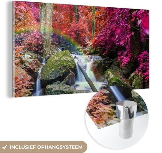 MuchoWow® Glass Painting 160x80 cm - Acrylic Glass Painting - Rainbow - Waterfall - Trees - Stones - Moss - Photo on Glass - Paintings