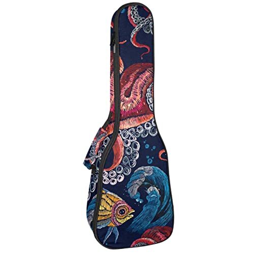 UEKWLOSDN Concert Ukelele Case Borduurwerk Octopus Zee Golven Vissen Patroon Ukelele Tas voor Meisjes Sopraan Ukelele Rugzak met Verstelbare Straps & Fixeerbaar Klittenband-26 Inch