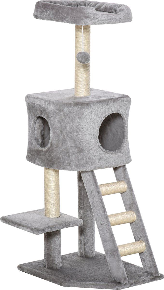 Pawhut Krabpaal kattenboom met kattengrot trap zacht kussen E1 MDF sisal lichtgrijs D30-349