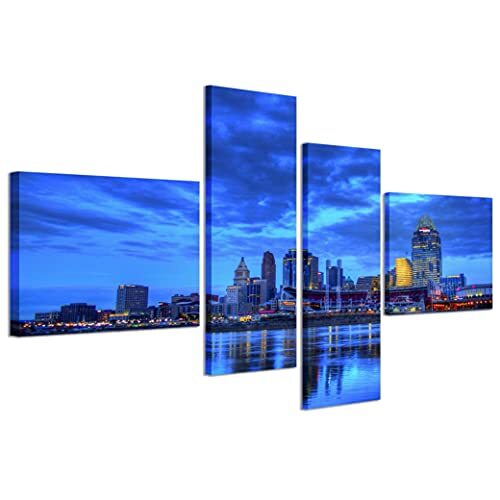 Stampe su Tela Stampe su Tela Afbeelding op canvas, Night Blue City, moderne druk op 4 panelen, kant-en-klaar ingelijst, canvas, klaar om op te hangen, 200 x 100 cm