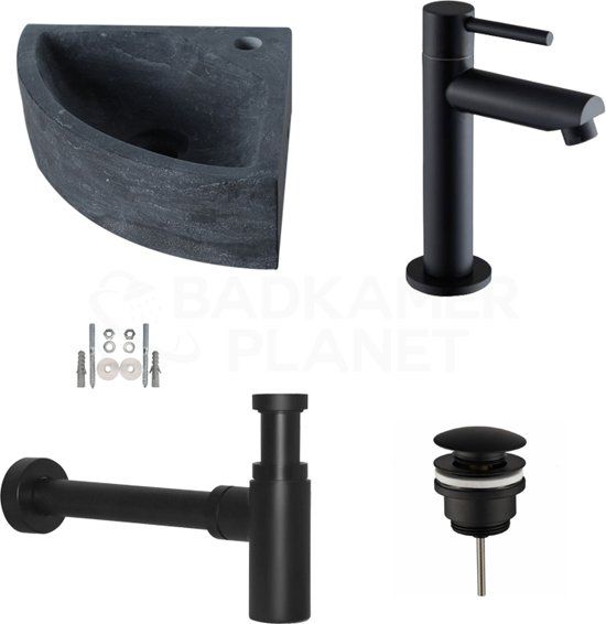 Badkamerplanet Natuursteen Fonteinset Como 30x30x10 cm - Mat Zwart - Incl. Kraan, Afvoer en Sifon