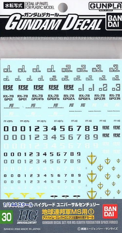 Gundam High Grade 1:144 Model Decal Set - Decal 30 HGUC Multiuse - Earth Federation 1