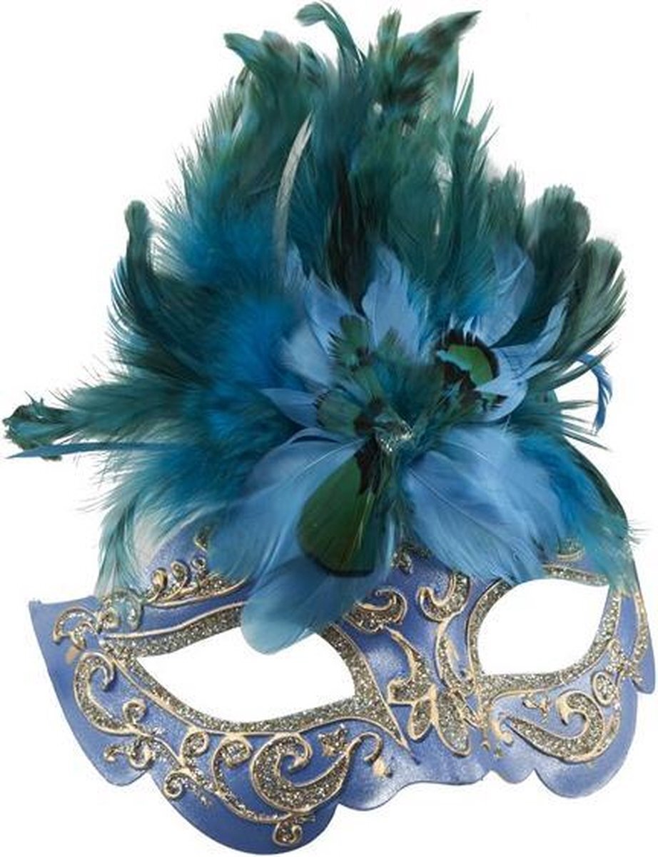 Feestbeest.nl Venetiaans masker glitter & veren aqua