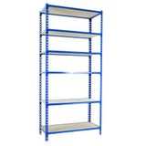 Simon Rack Metalen stelling 2500x900x300 mm - Maderclick | 6 niveaus, Houten legbord, 150 kg buigbelasting, Corrosiewerende coating, Montage met kliksysteem, Blauw