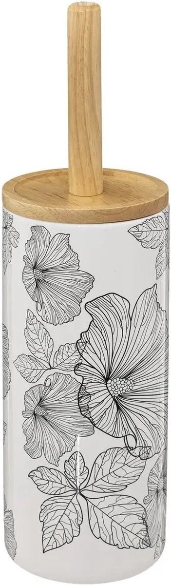 5five WC-/toiletborstel met houder rond wit/zwart met hibiscus bloemen patroon zandsteen/bamboe 38 cm