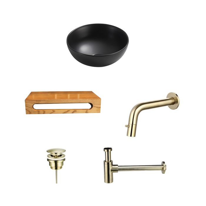 Zwarte Ronde Keramische Wastafel met Houten Plank, Gouden Kraan, Afvoer en Sifon - 40x22x8 cm