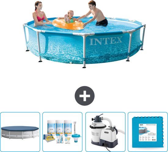 Intex Rond Frame Zwembad - 305 x 76 cm - Waterprint - Inclusief Afdekzeil - Onderhoudspakket - Zwembadfilterpomp - Vloertegels