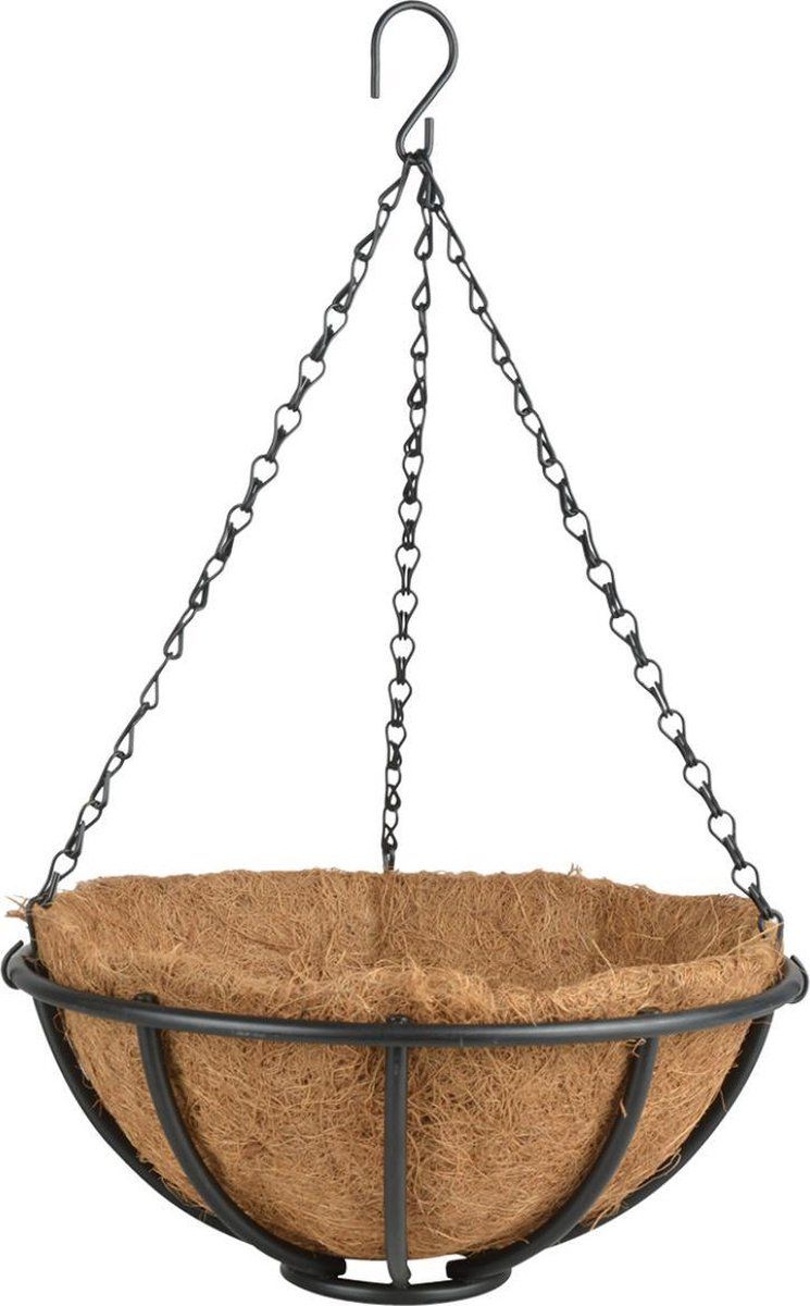 Esschert Design Metalen hanging basket / plantenbak zwart met ketting 30 cm inclusief kokosinlegvel - Hangende bloemen