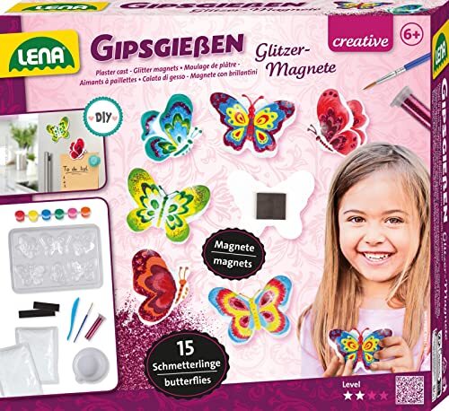 Lena 42707 Gipsgietset voor 15 glitter-vlindermagneten, gietvorm voor gipsfiguren met 6 vlindervormen, gips, schilderverf, kwast, glitter en magneetstrips, knutselset voor kinderen vanaf 6 jaar