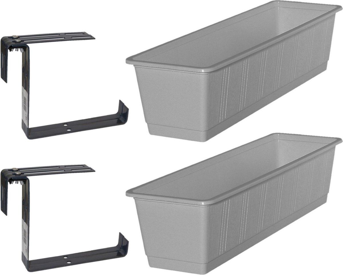 Geli Set van 2 kunststof plantenbakken grijs rechthoekig 60 cm met 4 verstelbare railing beugels