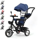 Tricycle pour enfants - Vélo pousseur/tricycle - Siège rotatif - Grandes roues - Panier et sac - Capacité de charge supérieure à 20 kg - Convient aux enfants de 1 à 5 ans - Bleu foncé