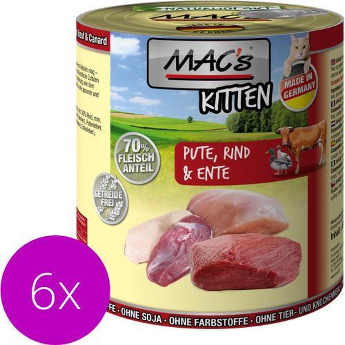 MAC's Kittenvoer Natvoer Blik - 70% Kalkoen, Rund en Eend - 6 x 800g