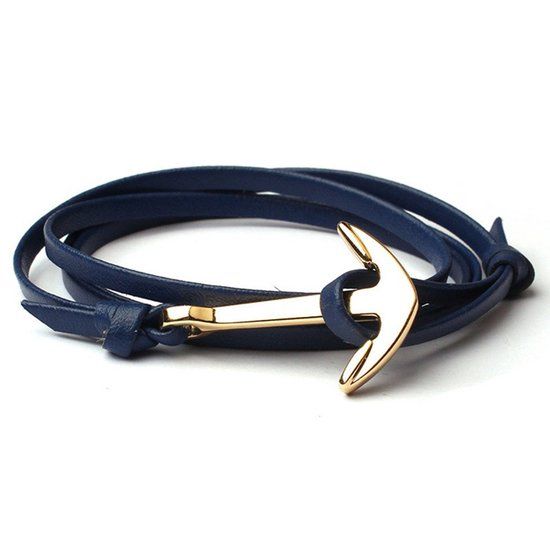LGT JWLS Anker armband leren koord blauw met Goudkleurig