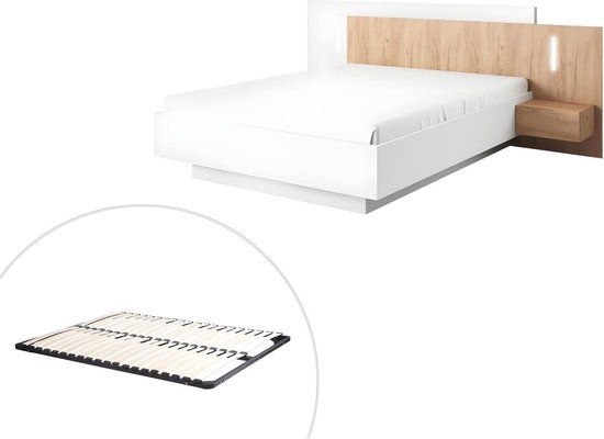 Merkloos Bed met nachtkastjes - 160x200 cm - Wit en houtlook - Met LED - FRANCOLI