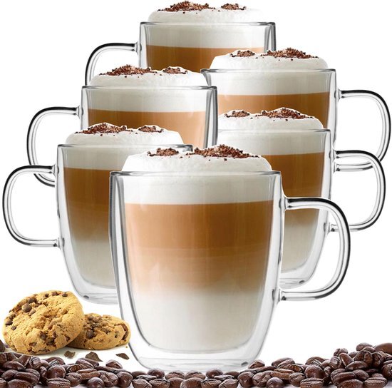 Altom Design Luxe Latte Macchiato Glazen Dubbelwandig - Dubbelwandige Koffieglazen met oor - Cappuccino Glazen - Cappuccino Kop - Latte Glazen - Theeglas Dubbelwandig 350 ML - Set Van 6