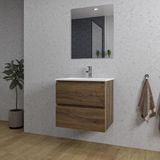 Saniclass Chaci Badkamermeubelset - 60x46x55cm - keramische wastafel wit - 1 wasbak - 1 kraangat - 2 lades - rechthoekige spiegel - noten