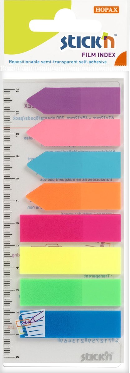 Stick'n Zakladki indeksujace 8 colorów neon x 25 sztuk (paski+strzalki) + linijka