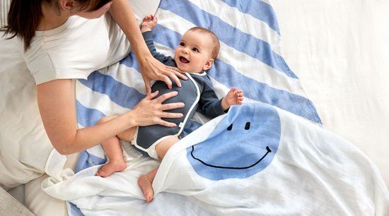LÄSSIG Baby Swaddle Blanket Set - 2-Pack - 120 x 120 cm - Happy Rascals Smile - Sky Blue