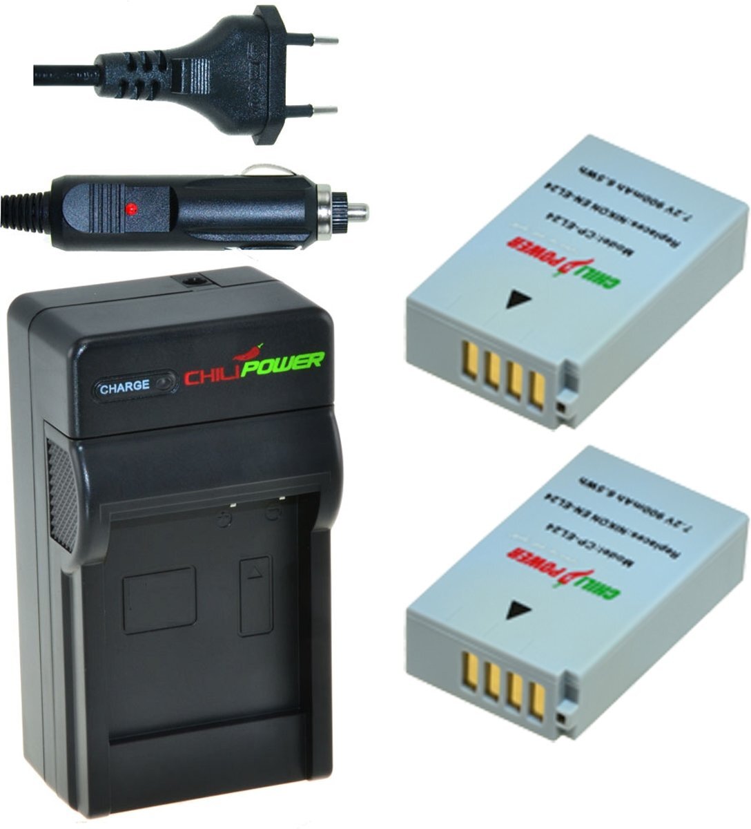 ChiliPower 2 x EN-EL24 accu's voor Nikon - inclusief oplader en autolader 2 x EN-EL24 accu's voor Nikon - inclusief oplader en autolader