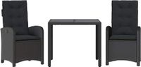 vidaXL 3-delige Tuinset met Kussens, Zwart, Polyrattan