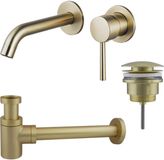 Fortifura Calvi Wastafelkraanset - inbouw wastafelkraan - klikwaste plug - verlaagde design sifon - PVD - geborsteld messing (goud)