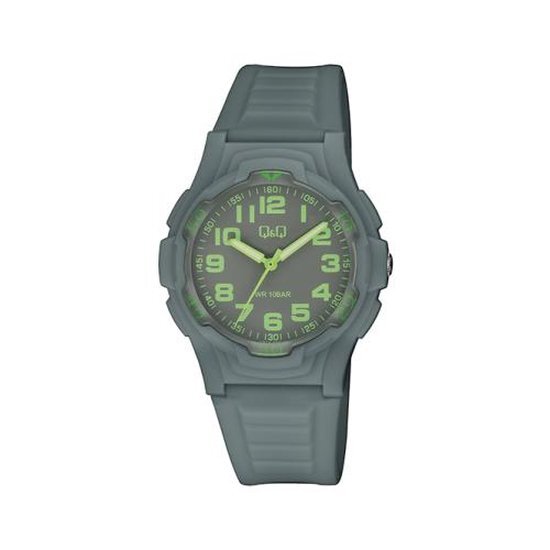 Q&amp;Q V31A-006VY - Horloge - Analoog - Dames - Heren - Unisex - Siliconen band - Kunststof - Cijfers - Rond - Grijs - Groen - 10ATM waterdicht