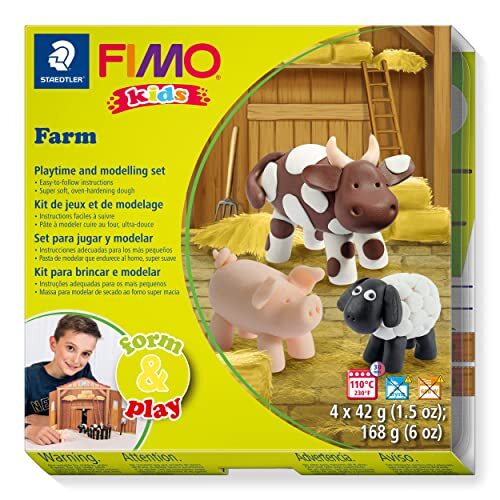 Staedtler 8034 01 LY Fimo kids vorm&play set boerderij (superzachte, ovenhardende knee, eenvoudige handleiding, hersluitbare doos, set met 4 Fimo blokken, 1 modelleerstaaf en 1 speelkulisse)