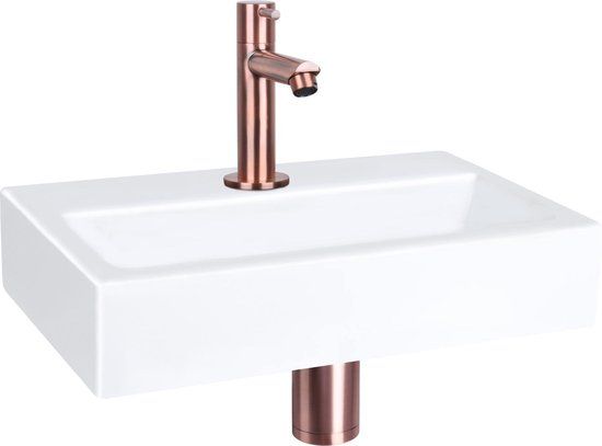 Differnz Flat Fonteinset - Wasbak Keramiek - Wit - Rood Koper - 38x24x7cm