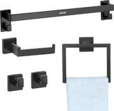 VEVOR Badkamer Hardware Accessoireset Van Roestvrij Staal (5-Delig) Inclusief Handdoekhouder & Handdoekhouder (Vierkante Ring) & 2 Haken & Toiletrolhouder, voor Badkamer, Wandmontage, Zwart