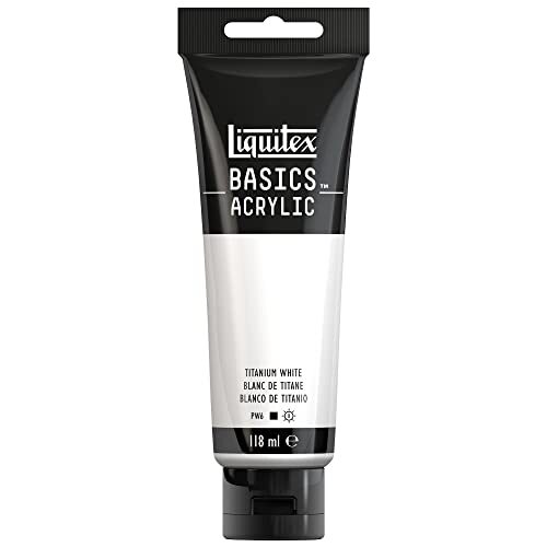 Liquitex 8870032 Basics enkelvoudig pigmenteerde acrylverf, kunstenaarspigmenten, lichtecht, medium viscositeit, goede kwaliteit, satijn finish - 118ml tube, Titanium White