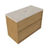 Saniclass Hout Frame Badkamermeubelset - 100x45x63cm - Travertin Natuurstenen Topblad - 1 Kraangat - 2 Lades - Mat Eiken Natural