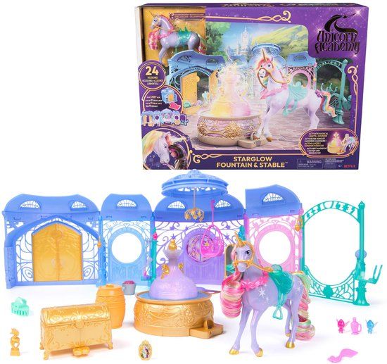 Spin Master Unicorn Academy Stal Speelset - met fontein, Wildstar, licht en geluid - 24 accessoires - Poppen en eenhoornspeelgoed
