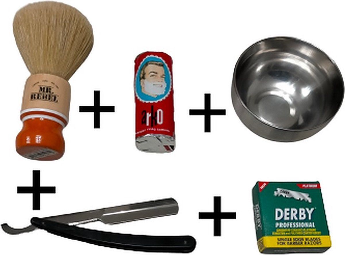 Mr. Rebel Scheer set klassiek Mannen - inclusief 100 derby premium scheermesjes - Shavette - Scheerkwast - Arko Scheerstaaf 75 gr - rvs waskom