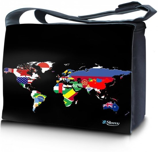 Sleevy 17 3 laptoptas / messenger tas wereldkaart en vlaggen