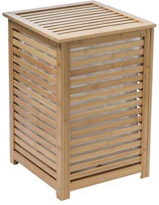5Five Wasmand Bamboe hout - Met waszak - 65 liter - 40 x 38 x 58 cm - lichtbruin - met deksel