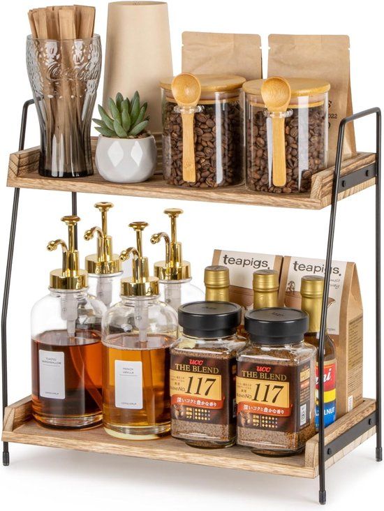 ANBOXIT Koffie-organizer, keukenorganizer hout, keukenplank werkblad, 2-laags koffiebarplank voor keuken, huis, kantoor - bruin