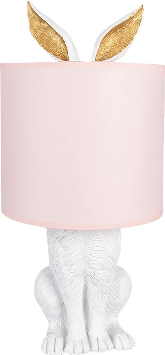 Clayre & Eef Tafellamp Konijn Ø 20x43 cm Wit Roze Kunststof Bureaulamp Nachtlamp Woonaccessoires