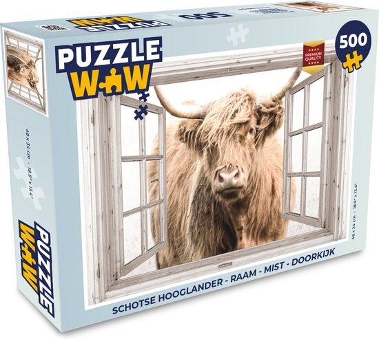 MuchoWow Puzzel Schotse hooglander - Raam - Mist - Doorkijk - Legpuzzel - Puzzel 500 stukjes