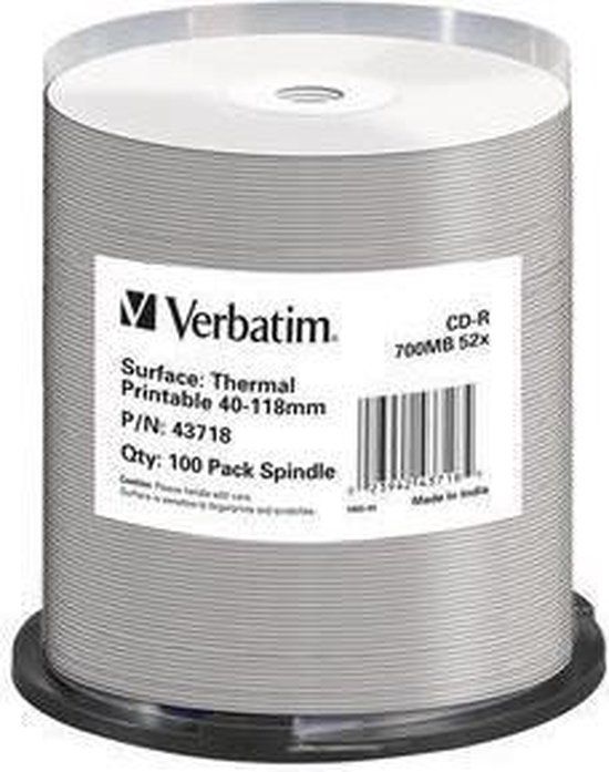 Verbatim CD-R AZO 700MB 52X SP THERMAL SURFACE - 100 stuks - Cakebox