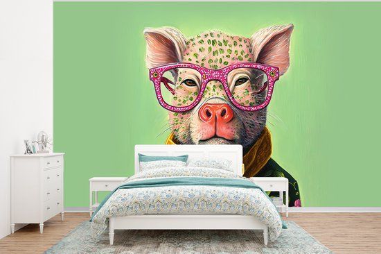 Nr1Wallpaper Fotobehang Bril - Roze - Varken - Bloemen - Dier - 375x280 cm - Vliesbehang
