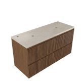 Saniclass Badkamermeubelset - 120x45x63cm - Travertine natuurstenen topblad - 2 kraangaten - 2 lades - mat walnut pure