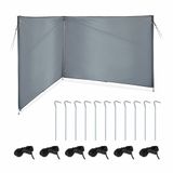 Relaxdays windscherm, zichtdoek camping & strand, HxB 1,5x4 m, stalen stangen, polyester, haringen & scheerlijnen, grijs