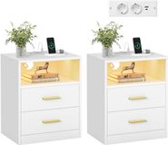 Songmics VASAGLE CUSTOS Collectie - Nachtkastje met oplaadstation, set van 2, LED-verlichting, bijzettafel, modern, met lades, 2 stopcontacten en USB-poorten, Cloud White LET829WB01