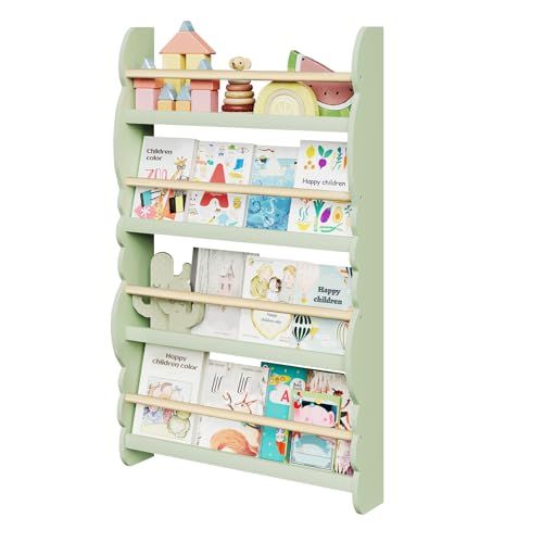 WOLTU Kinderboekenkast Wandplank, Boekenorganizer met 4 Niveaus, Kinderboekopbergrek, Gemaakt van E1 MDF Grenenhout, voor Kinderkamer Speelkamer, Groen