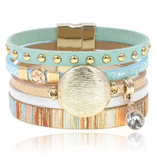 Deja Jewels Blauwe multicolor leren dames armband Ibiza stijl met bedels en studs