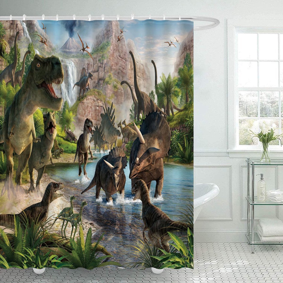 Ulticool Douchegordijn - Dinosaurus Groep T-Rex - 180 x 200 cm - met 12 ringen - Groen