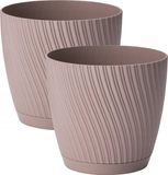 Form Plastic Plantenpot/bloempot Waves - 2x - kunststof - beige - D15 x H14 cm - met opvang schotel - rond