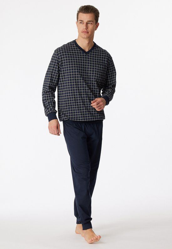 Schiesser Pyjama lang - Heren - Donkerblauw - Geblokt - Lange mouw - 100% Katoen - Maat M
