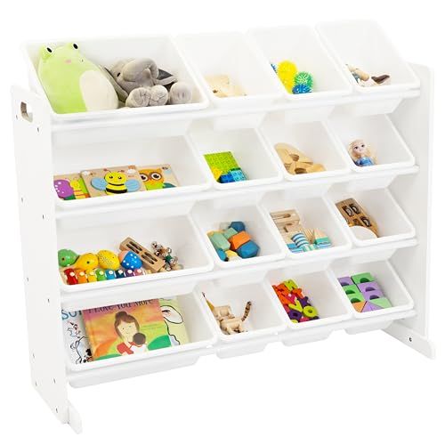 Humble Crew plank voor kinderkamer, extra-Large houten plank voor het opbergen van speelgoed met 16 kunststof opbergbakken, wit
